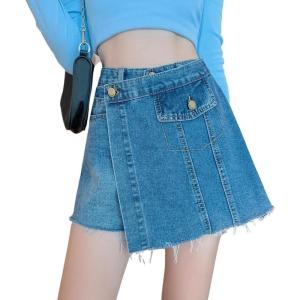 image:imageCHARTOU Womens Summer High Waist Frayed Hem Wrap Irregular Denim ALine Skirt ShortsBlue