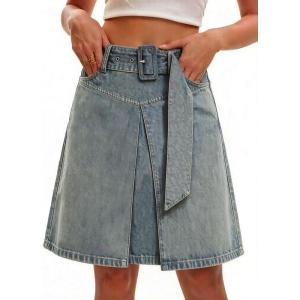 image:imageCHARTOU Womens Summer High Waisted Belted Denim Skirt Casual Knee Length ALine Midi Jean Skirt with PocketsRetro Blue