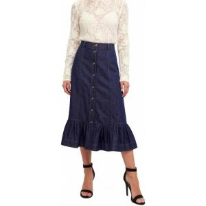image:imageCHARTOU Womens Vintage Midi Denim Skirt Summer Back Elastic Waist Button Front Ruffled Jean SkirtDark Blue