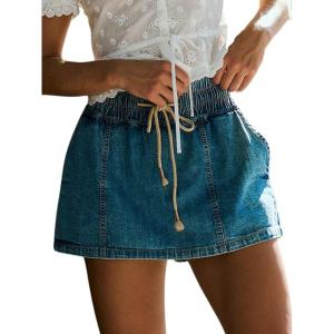 image:imageCHARTOU Womens Y2k Mini Denim Skirts Shorts Drawstring Mid Waist Elastic Summer Jean SkirtDark Blue