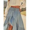 image:imageCHARTOU Women Ruffle Peplum Denim Maxi Skirt Boho Drawstring Elastic High Waist Asymmetric Frayed Tiered SkirtLight Blue