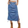 image:imageCHARTOU Casual Ruched Jean Skirts for Women Mid Long Denim Midi Skirt with Slit High Waisted Split Skirt Pocket Y2kBlue