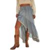 image:imageCHARTOU Women Ruffle Peplum Denim Maxi Skirt Boho Drawstring Elastic High Waist Asymmetric Frayed Tiered SkirtLight Blue
