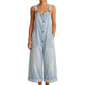 image:imageCHARTOU Button Front Denim Overalls for Women Y2k Baggy Wide Leg Jeans Bib Cropped Jumpsuits Loose RomperLight Blue