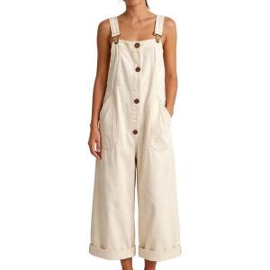 image:imageCHARTOU Button Front Denim Overalls for Women Y2k Baggy Wide Leg Jeans Bib Cropped Jumpsuits Loose RomperWhite