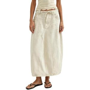 image:imageCHARTOU Women Balloon Maxi Skirt Casual Loose Patchwork Drawstring Long Jean Skirt with PocketsBeige