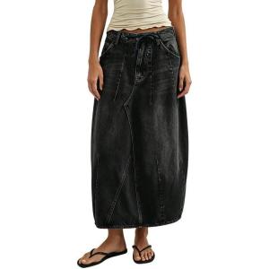 image:imageCHARTOU Women Balloon Maxi Skirt Casual Loose Patchwork Drawstring Long Jean Skirt with PocketsBlack
