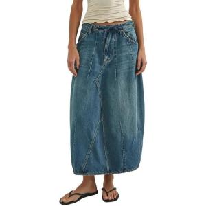 image:imageCHARTOU Women Balloon Maxi Skirt Casual Loose Patchwork Drawstring Long Jean Skirt with PocketsBlue