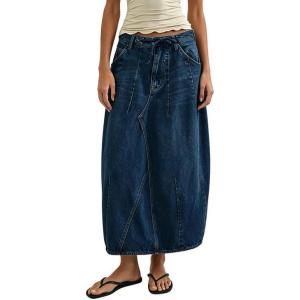 image:imageCHARTOU Women Balloon Maxi Skirt Casual Loose Patchwork Drawstring Long Jean Skirt with PocketsDark Blue