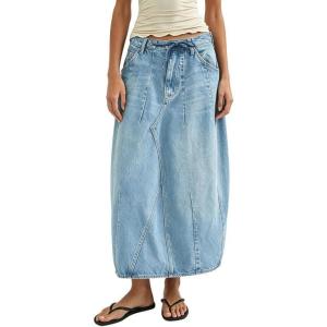 image:imageCHARTOU Women Balloon Maxi Skirt Casual Loose Patchwork Drawstring Long Jean Skirt with PocketsLight Blue
