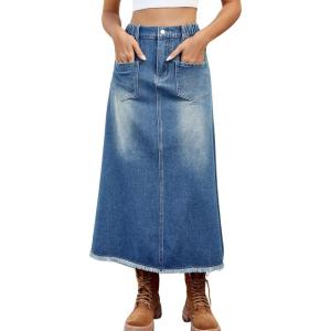 image:imageCHARTOU Women Casual Jean Skirt Y2k Ripped Mid Long Denim Midi Skirt Distressed Frayed A Line Skirt PocketsBlue