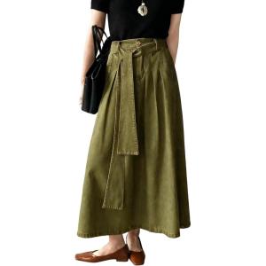 image:imageCHARTOU Women Denim Maxi Skirt Belted High Waist A Line Pleated Long Skirt with PocketsArmy Green