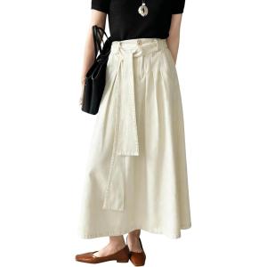 image:imageCHARTOU Women Denim Maxi Skirt Belted High Waist A Line Pleated Long Skirt with PocketsBeige