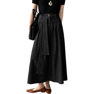 image:imageCHARTOU Women Denim Maxi Skirt Belted High Waist A Line Pleated Long Skirt with PocketsBlack