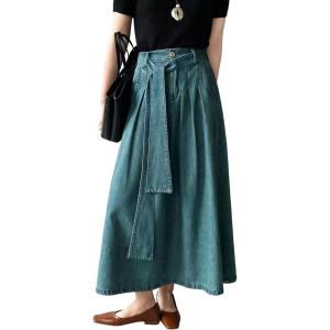 image:imageCHARTOU Women Denim Maxi Skirt Belted High Waist A Line Pleated Long Skirt with PocketsBlue