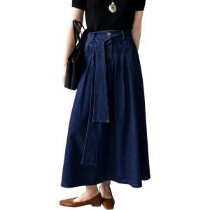 image:imageCHARTOU Women Denim Maxi Skirt Belted High Waist A Line Pleated Long Skirt with PocketsDark Blue
