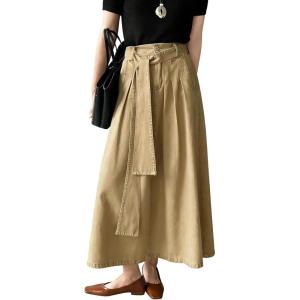 image:imageCHARTOU Women Denim Maxi Skirt Belted High Waist A Line Pleated Long Skirt with PocketsKhaki
