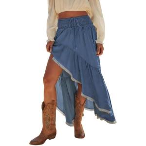 image:imageCHARTOU Women Ruffle Peplum Denim Maxi Skirt Boho Drawstring Elastic High Waist Asymmetric Frayed Tiered SkirtBlue