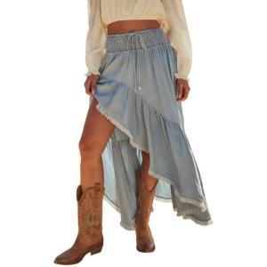 image:imageCHARTOU Women Ruffle Peplum Denim Maxi Skirt Boho Drawstring Elastic High Waist Asymmetric Frayed Tiered SkirtLight Blue