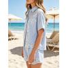 image:imageCHARTOU Women 2 Piece Sets Lace Eyelet Summer Outfits Button Down Shirt Striped Shorts Loose Lounge SetsBlue