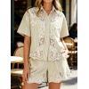 image:imageCHARTOU Women 2 Piece Sets Lace Eyelet Summer Outfits Button Down Shirt Striped Shorts Loose Lounge SetsKhaki