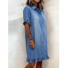 image:imageCHARTOU Women Midi Denim Shirt Dress Short Sleeve Button Down Ruffle Trim Shift Summer Lightweight Jean DressBlue