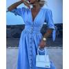 image:imageCHARTOU Women Short Sleeve Button Down Shirt Dress Denim Maxi Dress High Waist Long Ruffle Jean Dress Tunic SummerBlue