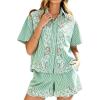 image:imageCHARTOU Women 2 Piece Sets Lace Eyelet Summer Outfits Button Down Shirt Striped Shorts Loose Lounge SetsGreen