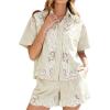 image:imageCHARTOU Women 2 Piece Sets Lace Eyelet Summer Outfits Button Down Shirt Striped Shorts Loose Lounge SetsKhaki
