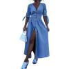 image:imageCHARTOU Women Short Sleeve Button Down Shirt Dress Denim Maxi Dress High Waist Long Ruffle Jean Dress Tunic SummerBlue