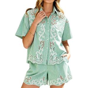image:imageCHARTOU Women 2 Piece Sets Lace Eyelet Summer Outfits Button Down Shirt Striped Shorts Loose Lounge SetsGreen