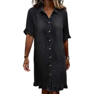image:imageCHARTOU Women Midi Denim Shirt Dress Short Sleeve Button Down Ruffle Trim Shift Summer Lightweight Jean DressBlack