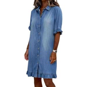 image:imageCHARTOU Women Midi Denim Shirt Dress Short Sleeve Button Down Ruffle Trim Shift Summer Lightweight Jean DressBlue