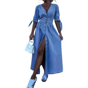 image:imageCHARTOU Women Short Sleeve Button Down Shirt Dress Denim Maxi Dress High Waist Long Ruffle Jean Dress Tunic SummerBlue