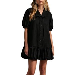 image:imageCHARTOU Women Summer Denim Mini Dress Puff Short Sleeve Button Down Bubble Shirt Jean Dress with PocketsBlack
