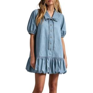 image:imageCHARTOU Women Summer Denim Mini Dress Puff Short Sleeve Button Down Bubble Shirt Jean Dress with PocketsLight Blue
