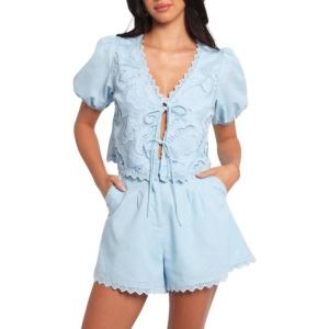 image:imageCHARTOU Women Summer Hollow Out Two Pieces Short Set Tie Front Top Ric Rac Shorts Lounge SetBlue