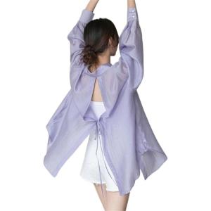 image:imageCHARTOU Womens Sexy See Through Back TieKnot Sheer Mesh Oversized Beach Blouse ShirtPurple
