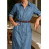 image:imageCHARTOU Womens Denim Shirt Midi Dress Adjustable Sleeve Casual Button Down Jean Dress ALine Shift Denim DressesLight Blue
