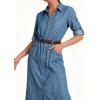image:imageCHARTOU Womens Denim Shirt Midi Dress Adjustable Sleeve Casual Button Down Jean Dress ALine Shift Denim DressesLight Blue