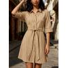 image:imageCHARTOU Womens Striped Shirt Dress Tie Waist Summer Casual Beach Sundresses 34 Sleeve Button Down Mini Dress with BeltKhaki