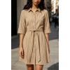 image:imageCHARTOU Womens Striped Shirt Dress Tie Waist Summer Casual Beach Sundresses 34 Sleeve Button Down Mini Dress with BeltKhaki