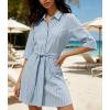 image:imageCHARTOU Womens Striped Shirt Dress Tie Waist Summer Casual Beach Sundresses 34 Sleeve Button Down Mini Dress with BeltLight Blue