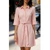 image:imageCHARTOU Womens Striped Shirt Dress Tie Waist Summer Casual Beach Sundresses 34 Sleeve Button Down Mini Dress with BeltPink