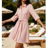 image:imageCHARTOU Womens Striped Shirt Dress Tie Waist Summer Casual Beach Sundresses 34 Sleeve Button Down Mini Dress with BeltPink