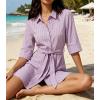 image:imageCHARTOU Womens Striped Shirt Dress Tie Waist Summer Casual Beach Sundresses 34 Sleeve Button Down Mini Dress with BeltPurple