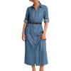 image:imageCHARTOU Womens Denim Shirt Midi Dress Adjustable Sleeve Casual Button Down Jean Dress ALine Shift Denim DressesLight Blue