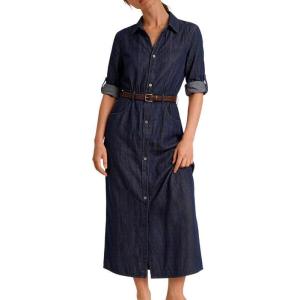 image:imageCHARTOU Womens Denim Shirt Midi Dress Adjustable Sleeve Casual Button Down Jean Dress ALine Shift Denim DressesDark Blue