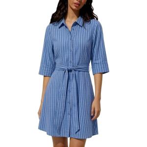 image:imageCHARTOU Womens Striped Shirt Dress Tie Waist Summer Casual Beach Sundresses 34 Sleeve Button Down Mini Dress with BeltBlue