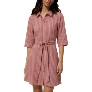 image:imageCHARTOU Womens Striped Shirt Dress Tie Waist Summer Casual Beach Sundresses 34 Sleeve Button Down Mini Dress with BeltCoral